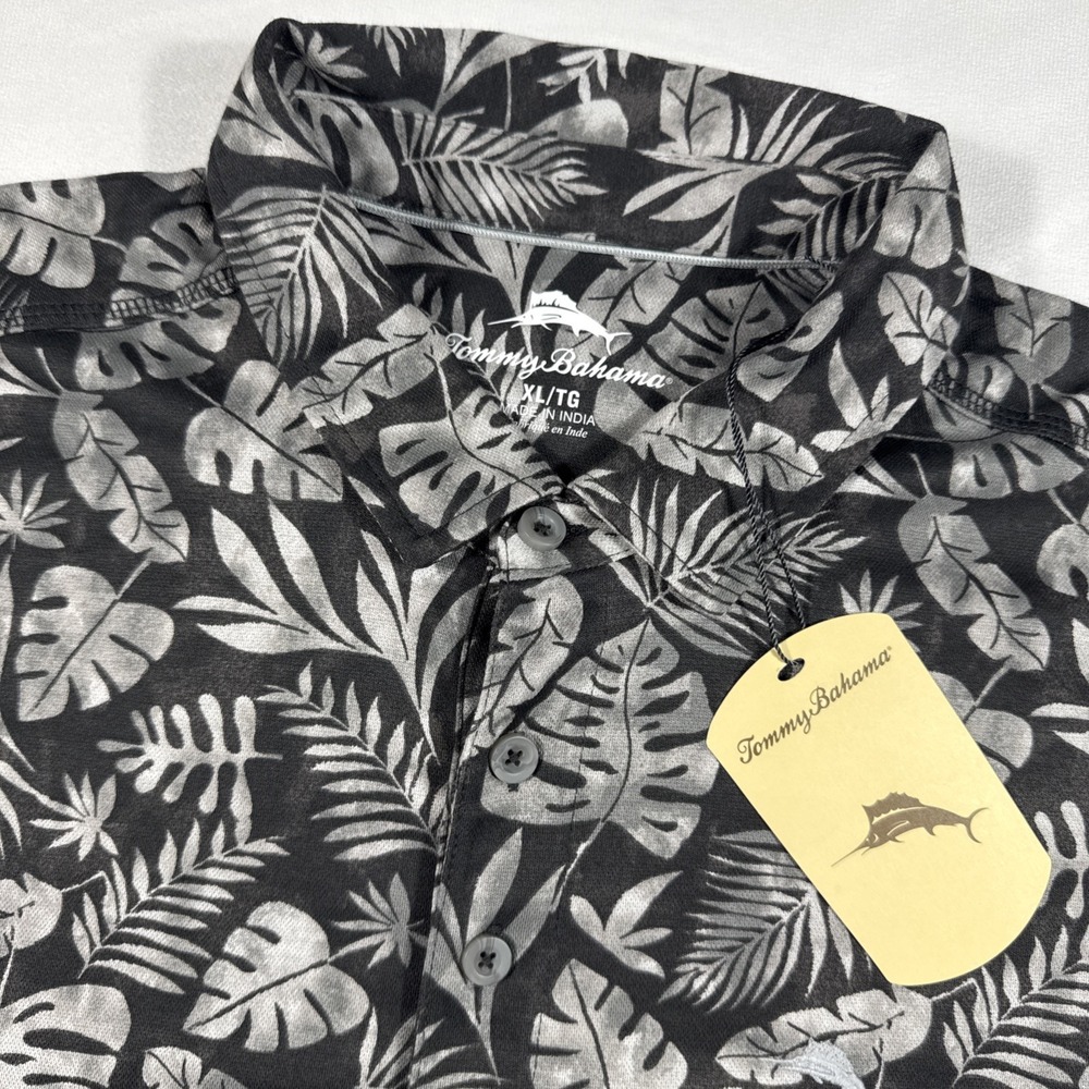 Tommy Bahama Polo Shirt Men XL Black Short‎ Sleeve Tropical Palm AOP $110 NWT